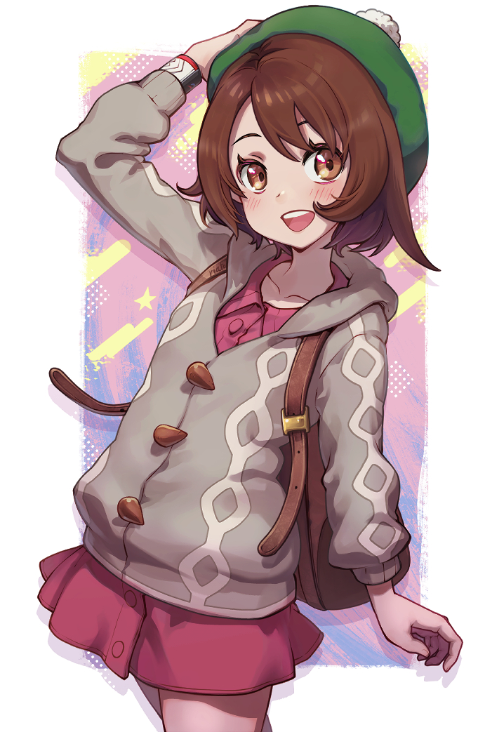 1girl :d arm_up blush brown_eyes brown_hair buttons cardigan collared_dress commentary_request cowboy_shot dress dynamax_band eyelashes gloria_(pokemon) green_headwear grey_cardigan hat hood hood_down hooded_cardigan open_mouth pink_dress pokemon pokemon_swsh riato_(riato1985) smile solo tam_o'_shanter teeth upper_teeth_only