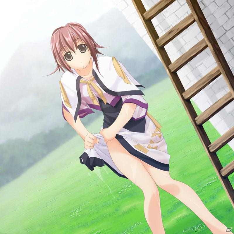 1girl annette_harvey atelier-moo breasts brown_eyes closed_mouth forest full_body hair_between_eyes ladder lasting_anthem medium_breasts nature pigeon-toed ponytail puffy_short_sleeves puffy_sleeves red_hair ribbon short_hair short_sleeves skirt solo standing thighs wet yellow_ribbon