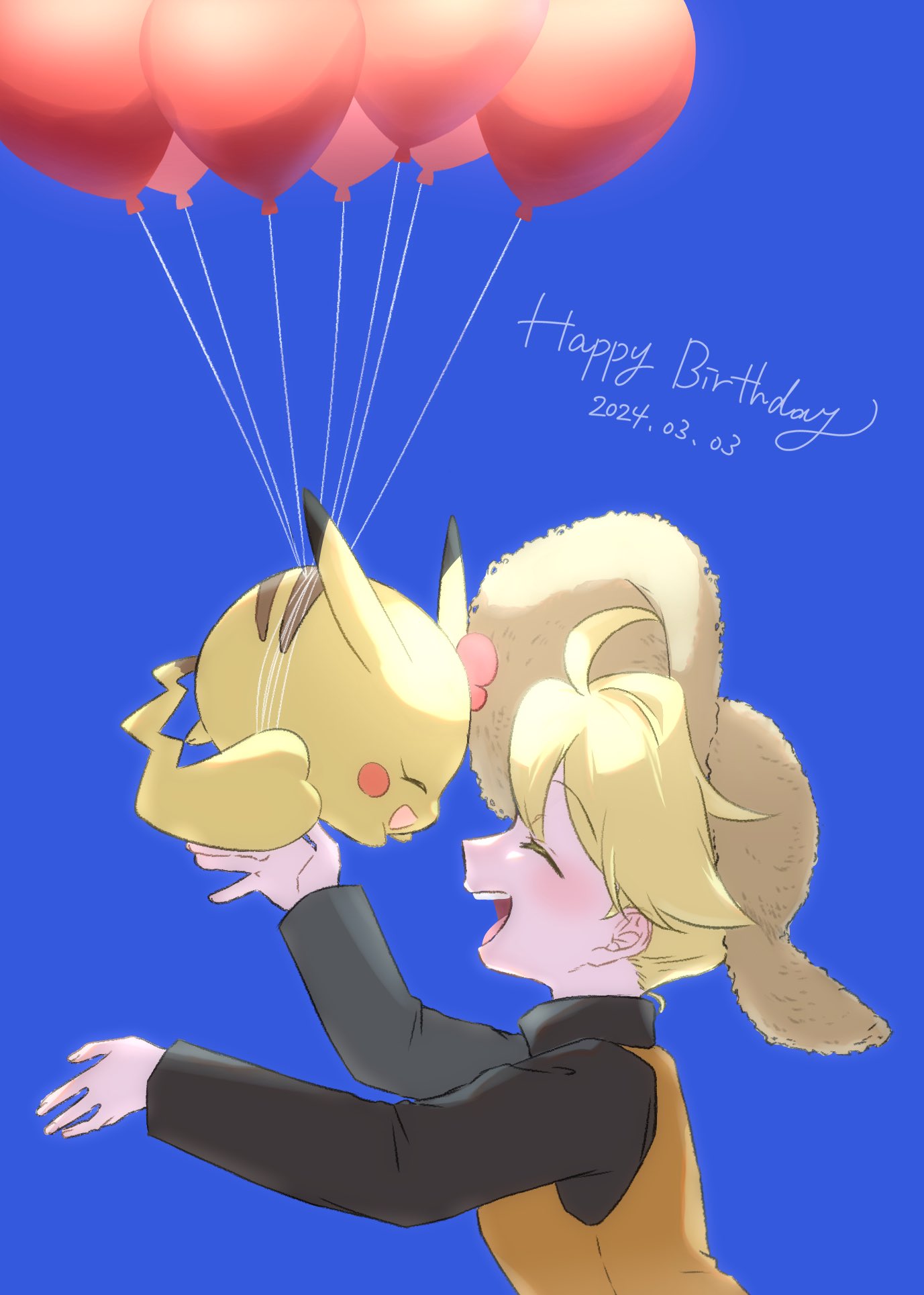 1girl :d balloon blonde_hair blue_background closed_eyes commentary_request dated from_side happy happy_birthday hat highres long_sleeves open_mouth orange_vest outdoors pikachu pokemon pokemon_(creature) pokemon_adventures shirt short_hair smile straw_hat teeth tongue tsukimi_(tkm_516) upper_teeth_only vest yellow_(pokemon) yellow_headwear