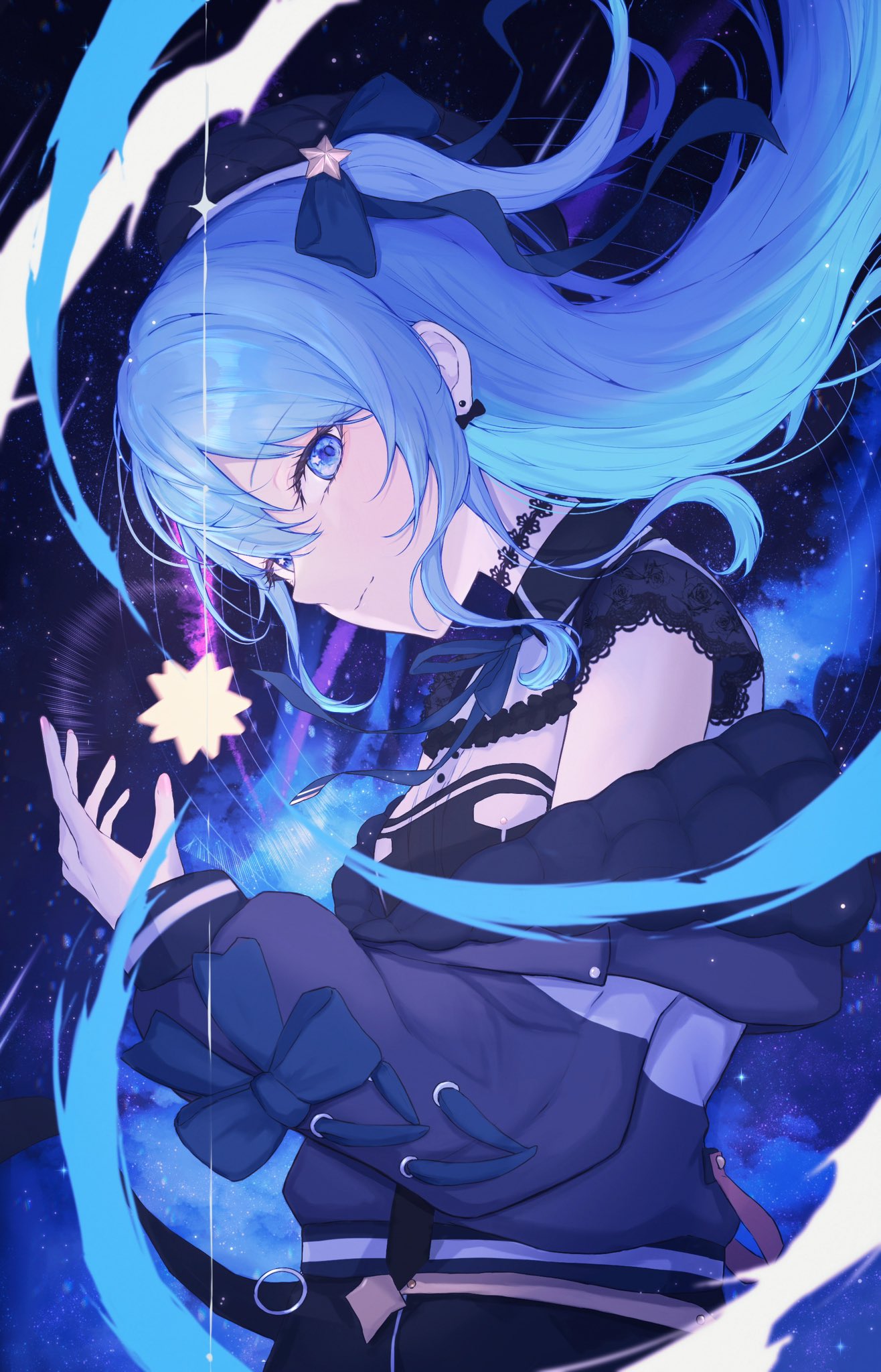 1girl black_choker black_dress blue_eyes blue_jacket blue_ribbon bow bow_earrings choker closed_mouth collared_dress colored_inner_hair dress earrings fingernails galaxy hair_ribbon highres hololive hoshimachi_suisei hoshimachi_suisei_(streetwear) jacket jewelry lace lace_choker lace_sleeves long_hair long_sleeves looking_at_viewer multicolored_hair nail_polish neck_ribbon nolc official_alternate_costume official_alternate_hairstyle one_side_up pink_nails quilted_jacket ribbon short_dress short_sleeves solo star_(sky) star_(symbol) star_in_eye swept_bangs symbol_in_eye two-sided_fabric two-sided_jacket virtual_youtuber
