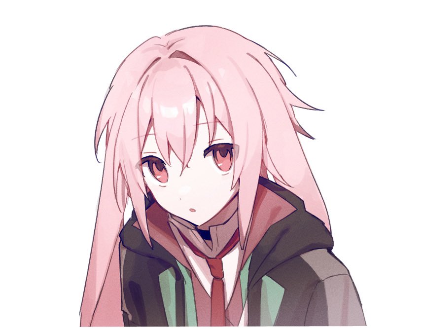 1boy :o animal_ears ansel_(arknights) arknights black_jacket brown_vest commentary_request floppy_ears hair_between_eyes hood hood_down hooded_jacket jacket long_hair looking_at_viewer male_focus necktie odjikasu open_clothes open_jacket parted_lips pink_hair rabbit_ears red_eyes red_necktie shirt simple_background solo upper_body vest white_background white_shirt