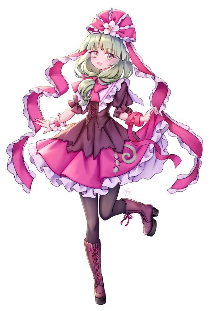 1girl arm_ribbon boots bow brown_footwear cross-laced_footwear dress frilled_dress frilled_ribbon frilled_sleeves frills full_body green_eyes green_hair hair_bow hair_ribbon kagiyama_hina lifted_by_self looking_at_viewer miy_001 puffy_short_sleeves puffy_sleeves red_bow red_ribbon ribbon short_sleeves simple_background smile solo standing standing_on_one_leg touhou white_background