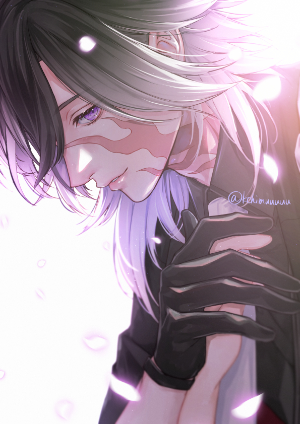 1boy artist_name black_gloves black_hair black_shirt burn_scar collared_shirt commentary falling_petals from_side gloves glowing glowing_petals gradient_hair hair_between_eyes hand_grab hand_on_another's_chest jikkyuu_mitsutada light_particles light_smile lips looking_at_viewer male_focus medium_hair multicolored_hair necktie out_of_frame parted_lips petals pov purple_eyes scar scar_on_face scar_on_neck shirt signature simple_background solo_focus touken_ranbu twitter_username upper_body white_background white_hair white_necktie wing_collar yuta_(kchimuuuuu)