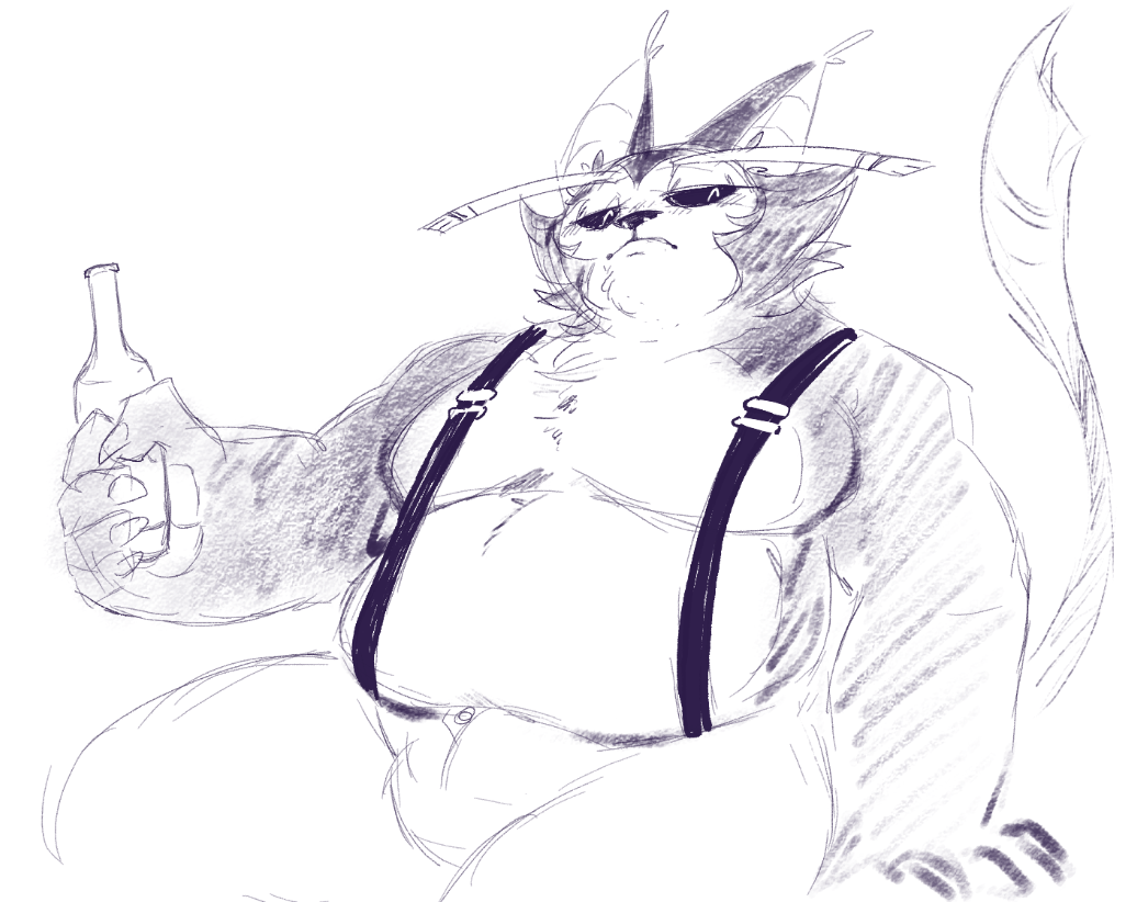 alcohol anthro belly beverage bottle bulge clothed clothing container demon digital_media_(artwork) domestic_cat ears_up felid felid_demon feline felis fur hazbin_hotel holding_alcohol husk_(hazbin_hotel) male mammal muscular overweight partially_clothed scarythesustire simple_background sketch solo suspenders topless