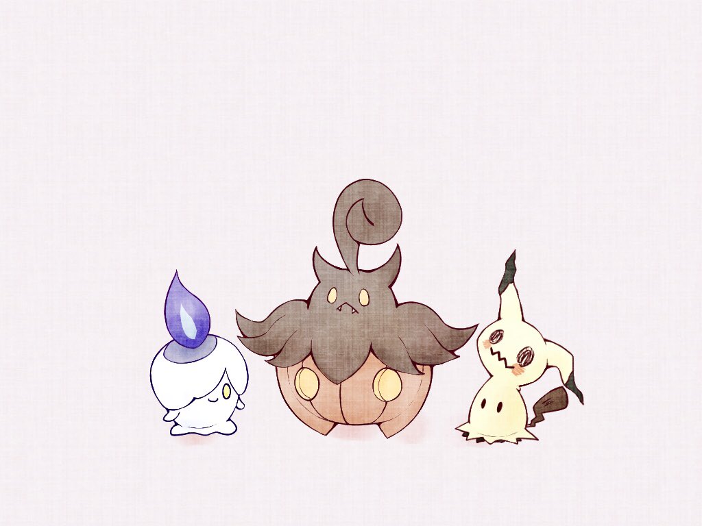 closed_mouth fangs fire fireblast frown litwick mimikyu no_humans pokemon pokemon_(creature) pumpkaboo purple_fire simple_background smile solid_oval_eyes tail wavy_mouth white_background yellow_eyes