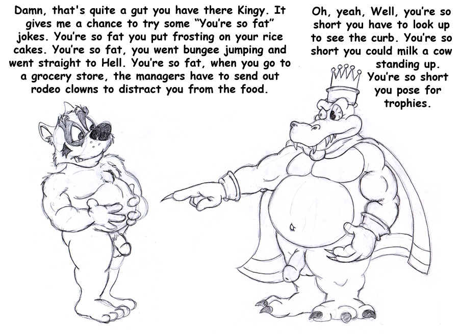 anthro armband badger biped black_and_white bruce_(brucebadger) brucebadger cape claws clothing crazy_eyes crown dialogue donkey_kong_(series) duo english_text fat_joke genitals gesture hand_gesture headgear height_teasing holding_stomach humanoid_genitalia humanoid_penis king_k._rool male male/male mammal monochrome musclegut muscular muscular_male mustelid musteline navel nintendo nude overweight overweight_male penis pointing simple_background smile teeth_showing text white_background