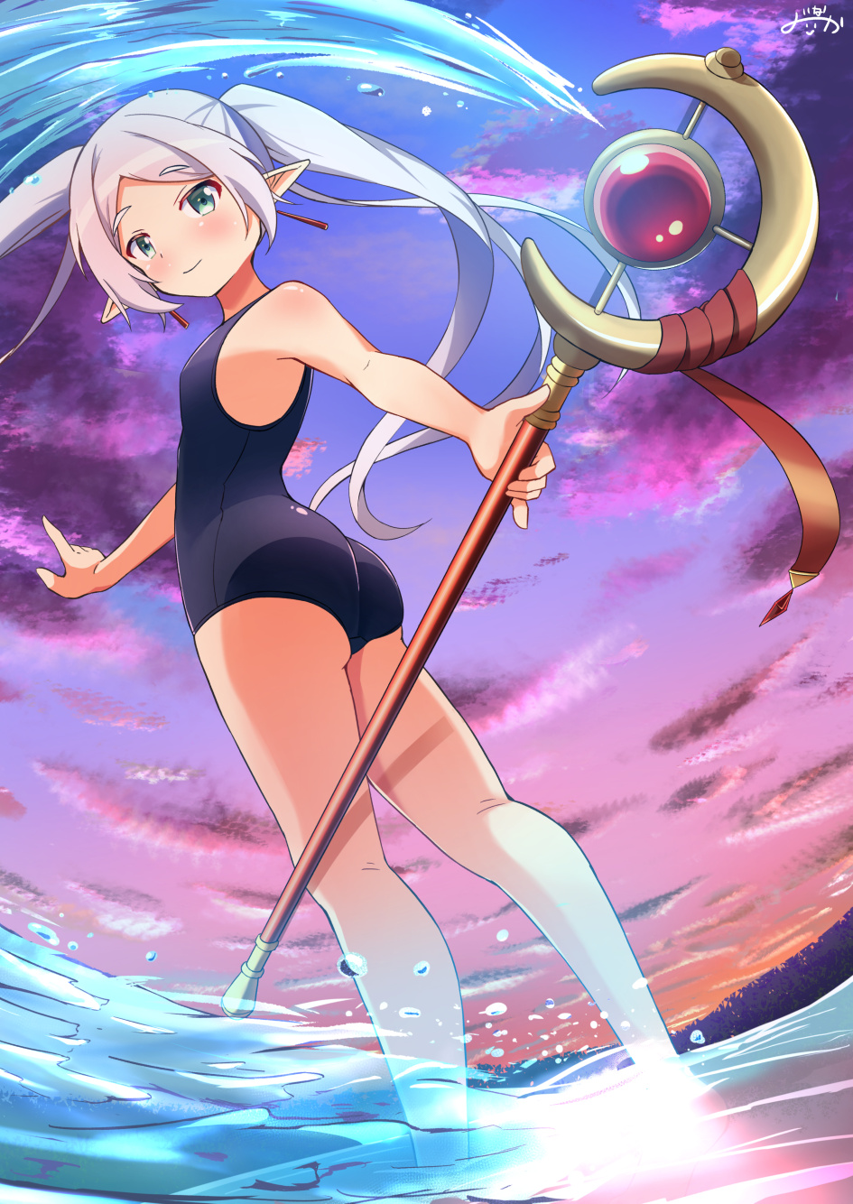 1girl black_one-piece_swimsuit drop_earrings dusk earrings elf feet_out_of_frame frieren green_eyes highres inakami jewelry long_hair looking_at_viewer looking_back mage_staff one-piece_swimsuit parted_bangs pointy_ears school_swimsuit solo sousou_no_frieren swimsuit twintails wading water white_hair