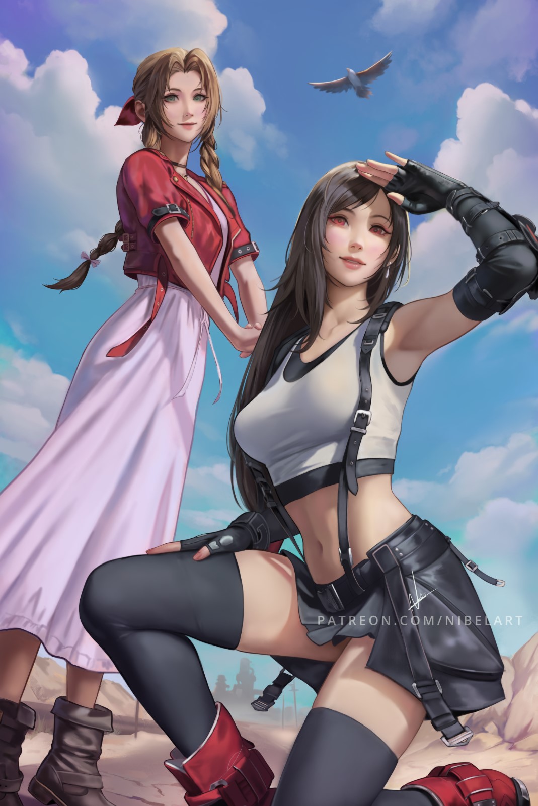 2girls aerith_gainsborough armpits bird black_bra black_choker black_gloves black_hair black_skirt black_thighhighs boots bra braid braided_ponytail breasts brown_footwear choker closed_mouth cloud cloudy_sky crop_top cropped_jacket dangle_earrings dress earrings elbow_gloves elbow_pads final_fantasy final_fantasy_vii final_fantasy_vii_rebirth final_fantasy_vii_remake fingerless_gloves foot_out_of_frame gloves green_eyes hair_ribbon highres jacket jewelry long_dress long_hair looking_at_viewer low-tied_long_hair medium_breasts midriff miniskirt multiple_girls navel nibelart on_one_knee outdoors own_hands_together parted_bangs parted_lips patreon_username pink_dress pink_ribbon red_eyes red_footwear red_jacket ribbon shading_eyes shirt short_sleeves sidelocks single_braid single_elbow_pad skirt sky sleeveless smile sports_bra standing suspenders swept_bangs thighhighs tifa_lockhart underwear v_arms white_shirt zettai_ryouiki