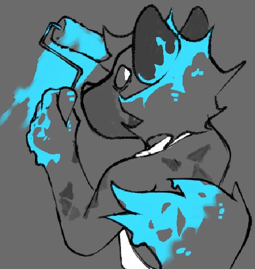 anthro canid canine clothing cyan_paint digital_media_(artwork) fur hyena male mammal paint paint_on_ears paint_on_hair paint_on_hand paint_on_self paint_on_tail paint_roller presto_agitato solo surprise
