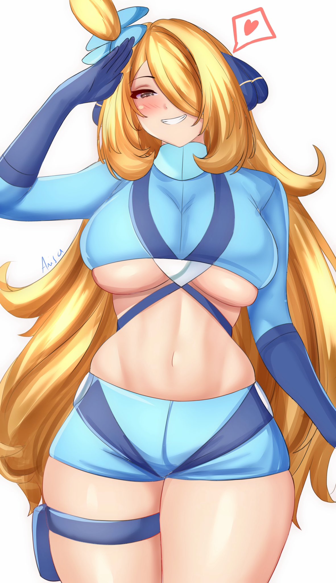 1girl anisdrawn arm_up blonde_hair blue_gloves blue_shirt blue_shorts blush breasts commentary cosplay cowboy_shot crop_top cynthia_(pokemon) gloves grin highres large_breasts long_hair long_sleeves looking_at_viewer midriff navel pokemon pokemon_bw pokemon_dppt shirt short_shorts shorts simple_background skindentation skyla_(pokemon) skyla_(pokemon)_(cosplay) smile solo standing stomach thigh_strap thighs underboob very_long_hair white_background