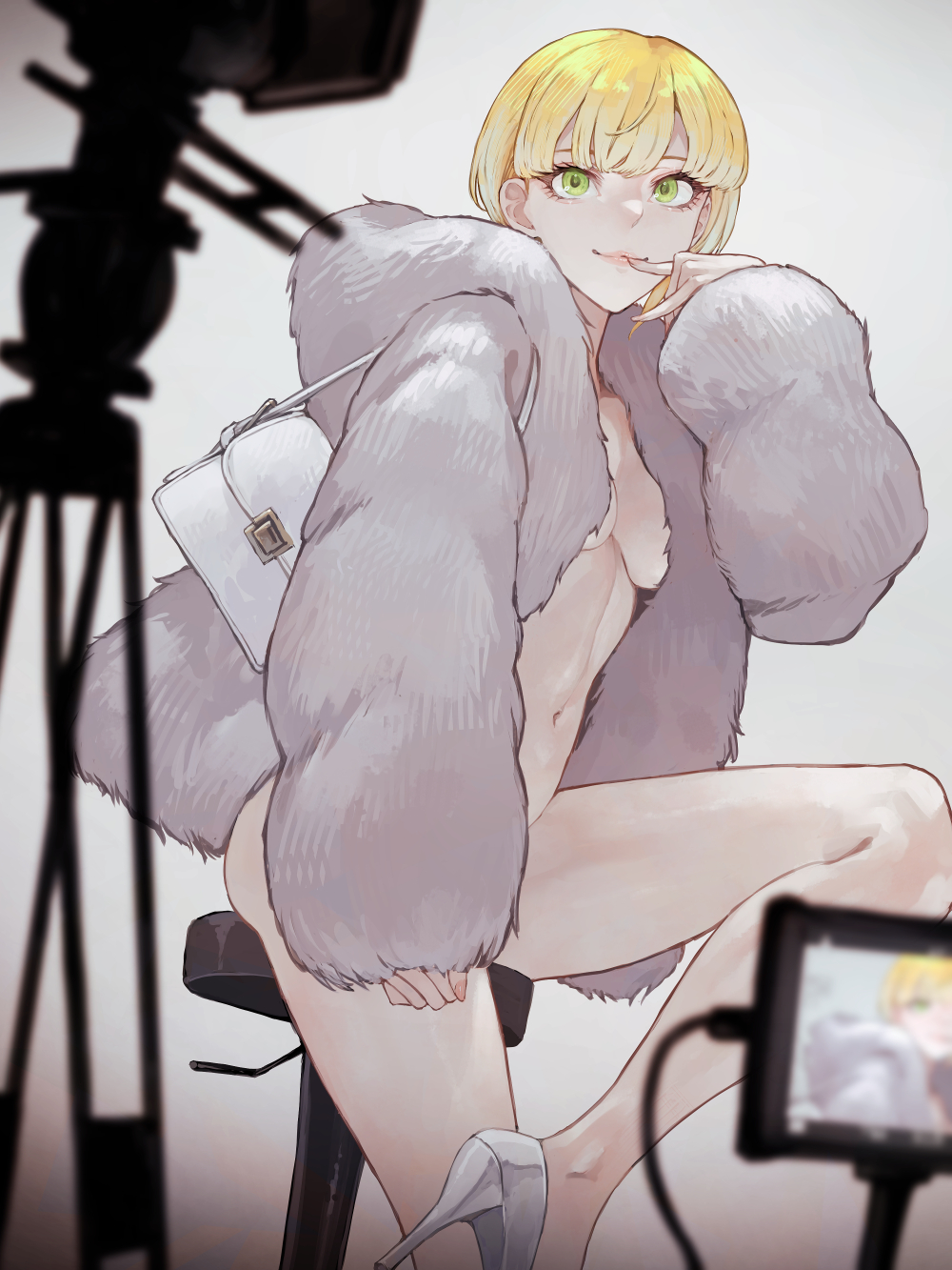 1girl :3 ass bar_stool blonde_hair bottomless breasts coat convenient_arm finger_to_mouth fur_coat green_eyes hair_between_eyes hand_to_own_mouth hand_up high_heels highres hood hooded_coat idolmaster idolmaster_cinderella_girls kaoming knee_up long_sleeves looking_at_viewer medium_breasts miyamoto_frederica naked_coat navel no_bra no_panties open_clothes open_coat recording short_hair sitting smile solo standing standing_on_one_leg stool underboob wide_sleeves