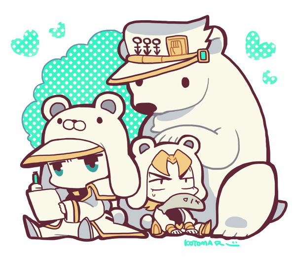 2boys androgyne_symbol bear bear_hat blonde_hair blue_eyes chibi chibi_only coat dio_brando fish fish_in_mouth full_body heart holding holding_paper holding_pen jitome jojo_no_kimyou_na_bouken kotorai kujo_jotaro multiple_boys no_mouth no_nose pants paper pen polar_bear signature solid_oval_eyes sweat white_coat white_pants