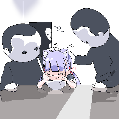 &gt;_&lt; 1boy 1girl 2others ambiguous_gender animal_ear_hairband animal_ears blank_room_soup bowl cat_ear_hairband cat_ears covered_face doorway fake_animal_ears feeding force-feeding hair_ribbon hairband hand_on_table headpat holding holding_spoon indoors lokulo-chan lokulo_no_mawashimono long_hair looking_at_another low_twintails lowres mascot_costume mask multiple_others open_mouth original parody peeking_out puffy_short_sleeves puffy_sleeves purple_hair red_ribbon reflection ribbon short_sleeves spoon table twintails v-shaped_eyebrows