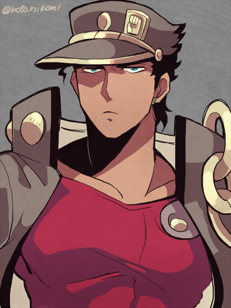 1boy coat collarbone earrings green_eyes grey_coat grey_headwear hat jewelry jojo_no_kimyou_na_bouken kotorai kujo_jotaro male_focus open_clothes open_coat pectorals red_shirt shirt solo twitter_username upper_body