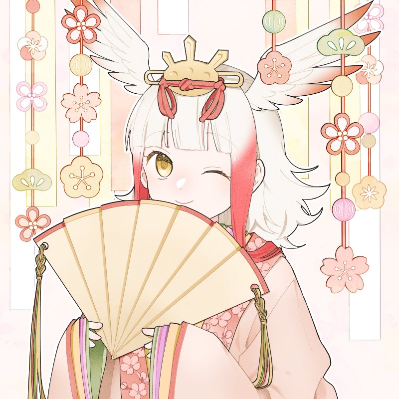 1girl folding_fan hand_fan head_wings hina_ningyou hinamatsuri hirabitai holding holding_fan japanese_clothes japanese_crested_ibis_(kemono_friends) karaginu_mo kemono_friends kimono layered_clothes layered_kimono long_sleeves multicolored_hair one_eye_closed red_hair saishi smile solo uzuki_machi white_hair wings yellow_eyes