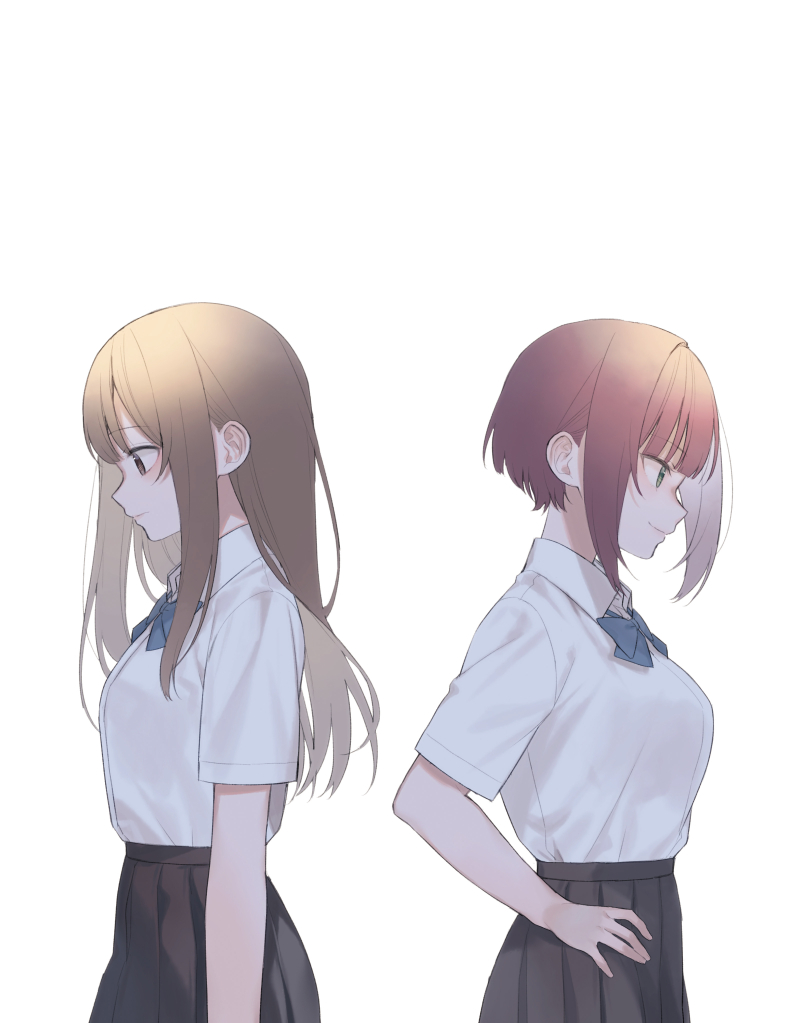 2girls black_skirt blue_bow bow breasts brown_eyes brown_hair closed_mouth collared_shirt commentary_request dress_shirt from_side green_eyes hand_on_own_hip long_hair medium_breasts midorikawa_you multiple_girls original pleated_skirt profile shirt sidelocks simple_background skirt small_breasts smile white_background white_shirt