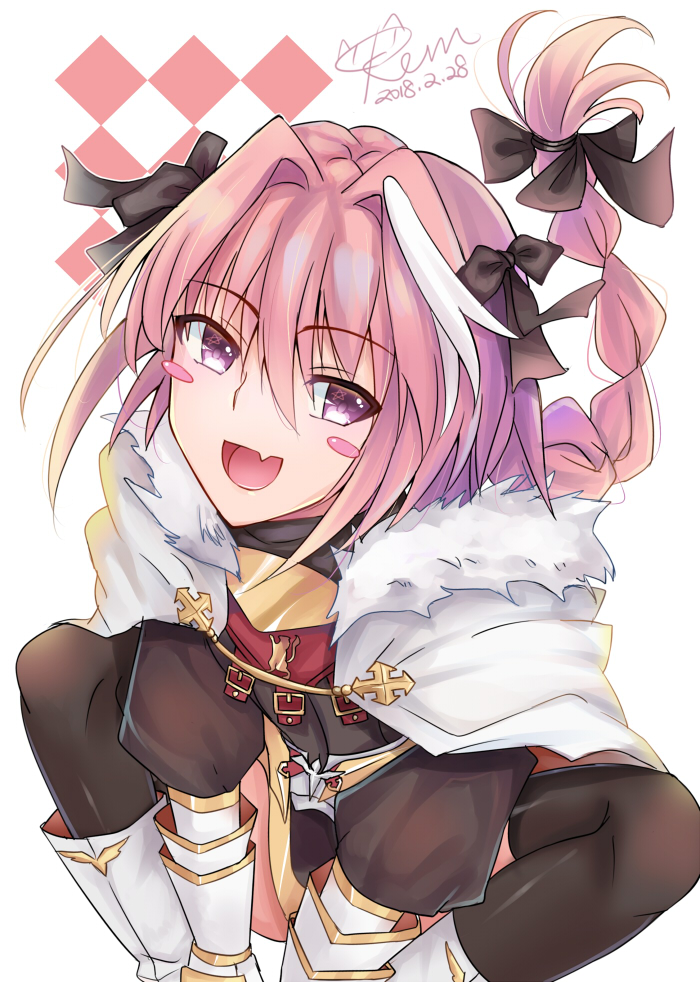 1boy argyle_background arm_support arms_between_legs artist_name astolfo_(fate) black_bow black_shirt black_thighhighs blush_stickers boots bow braid cape dated fang fate/apocrypha fate/grand_order fate_(series) fur-trimmed_cape fur_trim hair_bow hair_intakes kevn long_braid male_focus multicolored_hair open_mouth otoko_no_ko pink_hair purple_eyes shirt signature simple_background single_braid sitting skin_fang skirt smile solo streaked_hair thighhighs two-tone_hair white_background white_cape white_footwear white_hair