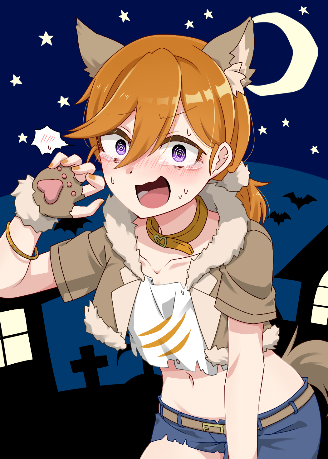 1girl @_@ alternate_hairstyle animal_ears bat_(animal) belt blue_shorts blush brown_belt brown_jacket choker collarbone commentary_request crescent cropped_jacket cropped_shirt crying crying_with_eyes_open embarrassed extra_ears hair_between_eyes highres jacket looking_at_viewer love_live! love_live!_superstar!! medium_hair midriff navel night night_sky open_mouth orange_choker orange_hair paw_print_palms ponytail purple_eyes shibuya_kanon shirt short_sleeves shorts sky solo sweat tail tears tetetsu_(yuns4877) torn_clothes torn_shirt torn_shorts upper_body white_shirt wolf_ears wolf_tail