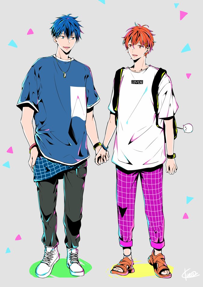 2boys 961_masashi arm_at_side backpack bag blue_eyes blue_shirt bracelet brown_eyes full_body given grey_pants hair_ornament hairclip hands_on_own_hips holding_hands jewelry male_focus multiple_boys necklace open_mouth pants pink_pants sandals satou_mafuyu shirt shoes sneakers uenoyama_ritsuka watch white_footwear white_shirt wristwatch yaoi