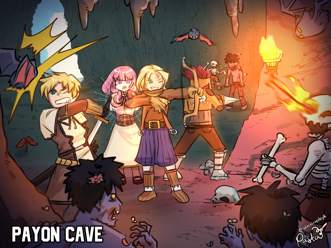 1girl 6+boys acolyte_(ragnarok_online) archer_(ragnarok_online) arrow_(projectile) bat_(animal) belt black_hair black_lunette blonde_hair blue_eyes boots bow_(weapon) brown_belt brown_footwear brown_gloves brown_jacket brown_pants brown_shirt brown_shorts capelet cave cave_interior commentary dagger english_commentary familiar_(ragnarok_online) fire full_body gloves green_eyes grin holding holding_bow_(weapon) holding_dagger holding_knife holding_sword holding_weapon in-universe_location jacket knife location_name long_sleeves looking_at_another medium_bangs multiple_boys muneate mushroom one_eye_closed open_mouth pants pink_eyes pink_hair purple_shorts ragnarok_online red_hair shirt shoes short_hair shorts shrug_(clothing) skeleton skeleton_(ragnarok_online) skirt smile stalactite standing sword swordsman_(ragnarok_online) thief_(ragnarok_online) undead v-shaped_eyebrows weapon white_capelet white_skirt zombie zombie_(ragnarok_online)