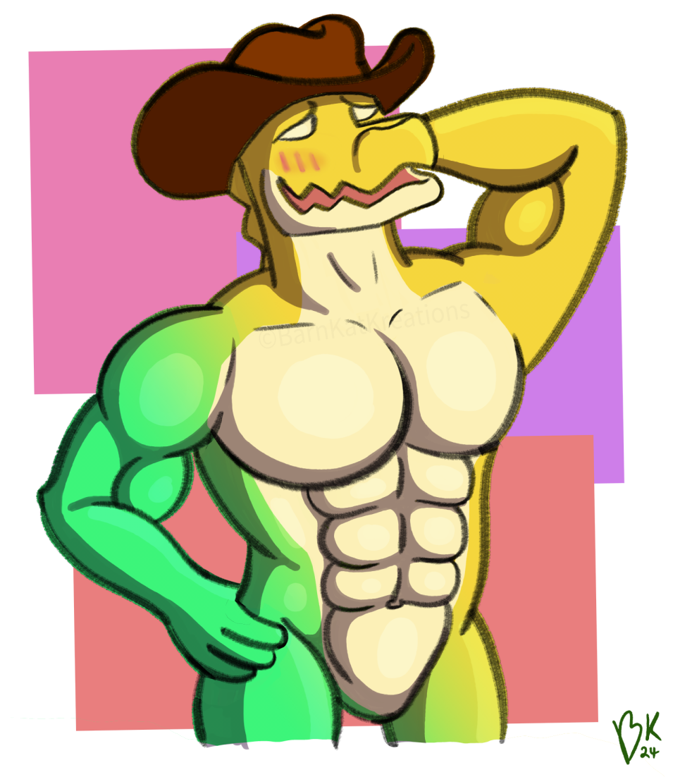 alligator alligatorid anthro barnkatkreations blush blush_lines clothing cowboy cowboy_hat crocodilian gummigoo_(the_amazing_digital_circus) hat headgear headwear male muscular muscular_anthro muscular_male reptile scalie shy smile solo