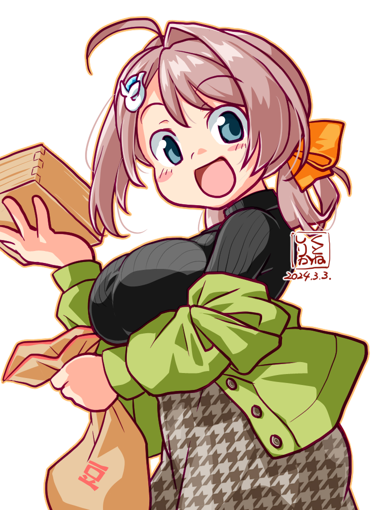 1girl ahoge artist_logo braided_hair_rings breasts brown_hair chougei_(kancolle) dated dress green_jacket hair_ornament hair_ribbon hairband jacket kantai_collection kutone_shirika large_breasts looking_at_viewer masu orange_hairband ribbon simple_background smile sweater whale_hair_ornament