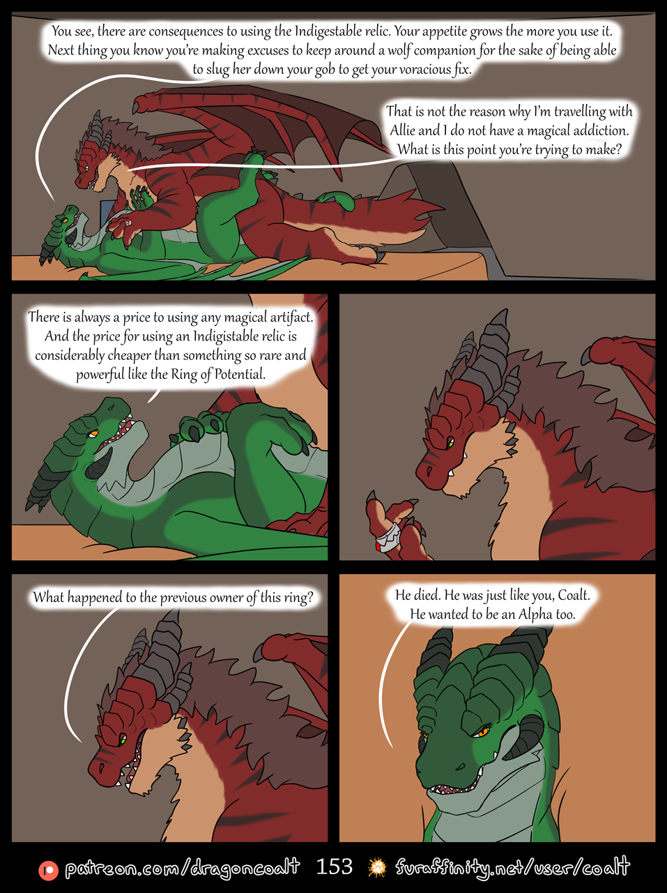 belly_scales between_legs black_claws black_horn black_stripes claws comic countershading dialogue dragon duo english_text entwined_tails european_mythology female female_on_bottom feral five_frame_image fluffy fluffy_tail fondling fur furaffinity furaffinity_logo furred_dragon green_body green_eyes green_scales hand_on_chest hi_res horn looking_at_hand lying male male/female male_on_top membrane_(anatomy) membranous_wings multi_horn mythological_creature mythological_scalie mythology on_back on_bottom on_top orange_eyes page_number patreon patreon_logo red_body red_fur red_gem rimentus ring scales scalie silver_ring speech_bubble spread_legs spreading stripes tail tail_coil tan_body tan_fur text western_dragon wings