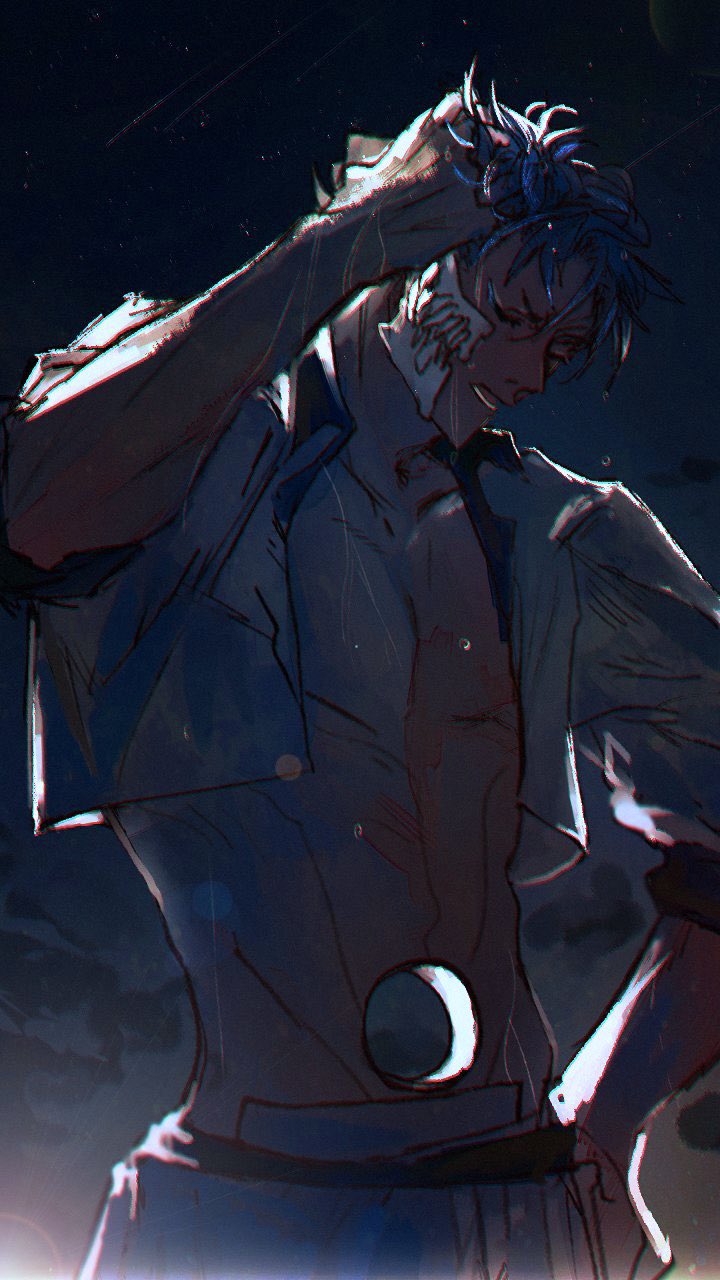 1boy akahata bare_pectorals bleach chromatic_aberration closed_eyes collarbone cropped_shirt grimmjow_jaegerjaquez hand_on_own_hip highres male_focus night night_sky open_clothes open_mouth open_shirt outdoors pants pectorals short_hair short_sleeves sky solo wet wet_hair
