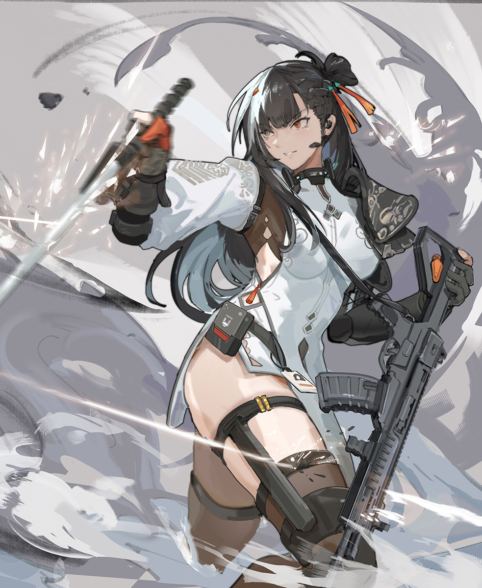 1girl armor assault_rifle black_hair breasts china_dress chinese_clothes chinese_commentary commentary_request cowboy_shot dress earpiece girls'_frontline girls'_frontline_2:_exilium gun hair_ornament highres holding holding_gun holding_sword holding_weapon id_card long_hair looking_to_the_side mai_(xskdizzy) medium_breasts parted_lips pauldrons qbz-191 qbz-191_(girls'_frontline) red_eyes rifle short_dress shoulder_armor single_pauldron smile solo sword thigh_strap thighhighs weapon white_dress