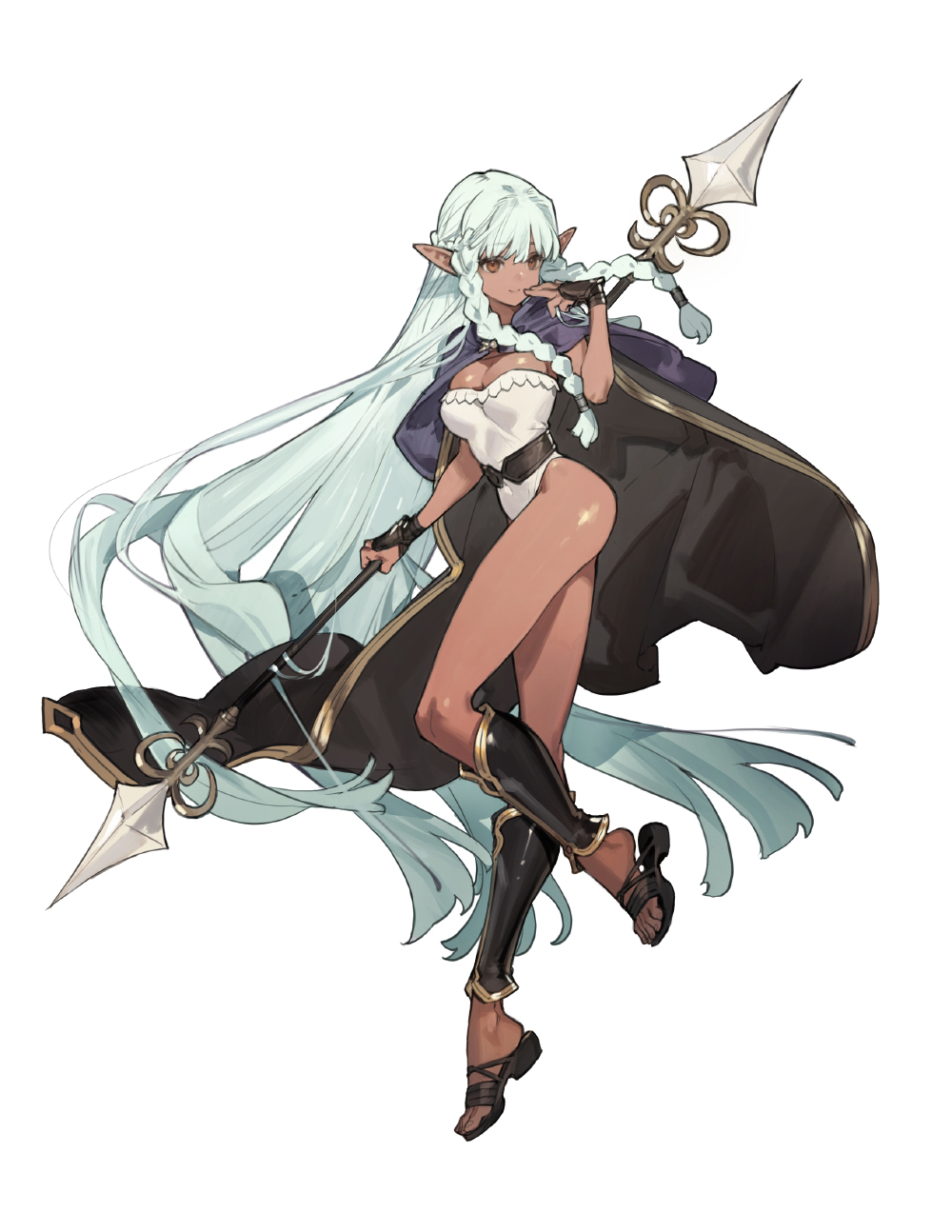 1girl ankle_cuffs black_cape black_footwear braided_sidelock breasts brown_eyes cape closed_mouth dark-skinned_female dark_skin elf full_body highres holding holding_polearm holding_weapon large_breasts leotard long_hair looking_ahead pointy_ears polearm rosalinde_(unicorn_overlord) sandals simple_background smile solo starshadowmagician unicorn_overlord very_long_hair weapon white_background white_hair white_leotard