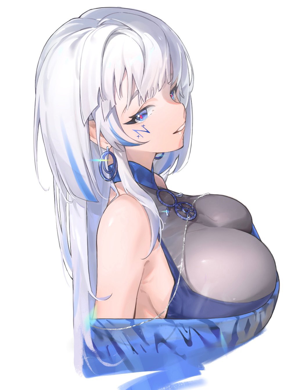 1girl alchemy_stars azure_(alchemy_stars) bare_shoulders blue_eyes blue_hair breasts cleavage cropped_arms cropped_torso earrings eyelashes facial_mark grin highres hoop_earrings jewelry large_breasts long_hair looking_at_viewer multicolored_hair necklace smile solo streaked_hair suiccao white_background white_hair