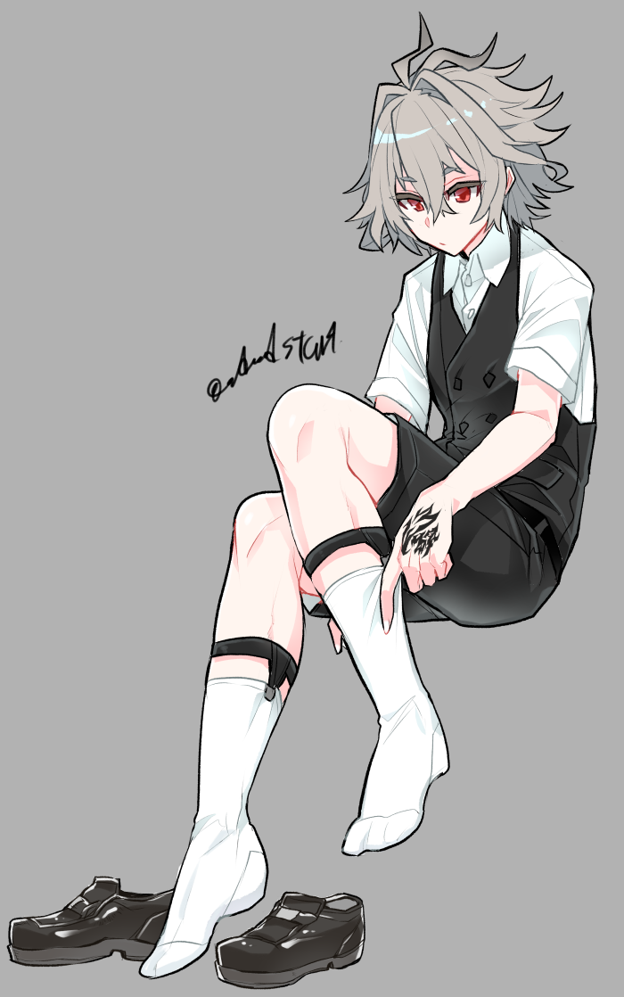 1boy ahoge ankle_strap black_footwear black_shorts black_vest buttons closed_mouth command_spell double-breasted dress_shirt fate/apocrypha fate_(series) full_body grey_background hair_between_eyes hair_intakes haoro invisible_chair leg_up male_focus red_eyes shirt shoes short_hair short_sleeves shorts sieg_(fate) signature sitting socks solo vest waistcoat white_shirt white_socks
