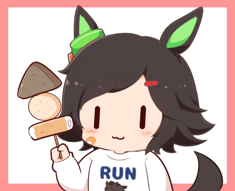 1girl :3 animal_ears black_hair blush_stickers border chibi closed_mouth clothes_writing english_text food gomashio_(goma_feet) hair_ornament hairclip hand_up holding holding_food horse_ears horse_girl horse_print horse_tail long_sleeves oden pink_border print_shirt puffy_long_sleeves puffy_sleeves shirt sleeves_past_wrists solo swept_bangs tail umamusume upper_body white_background white_shirt winning_ticket_(umamusume) |_|