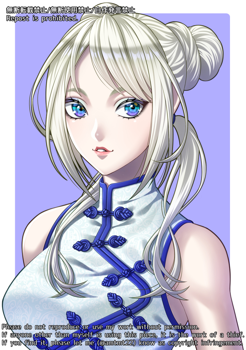 1girl blonde_hair blue_eyes breasts china_dress chinese_clothes commentary_request double_bun dress english_text eyebrows_hidden_by_hair hair_bun highres large_breasts low_twintails mito_amatsu original parted_lips portrait sidelocks solo twintails watermark