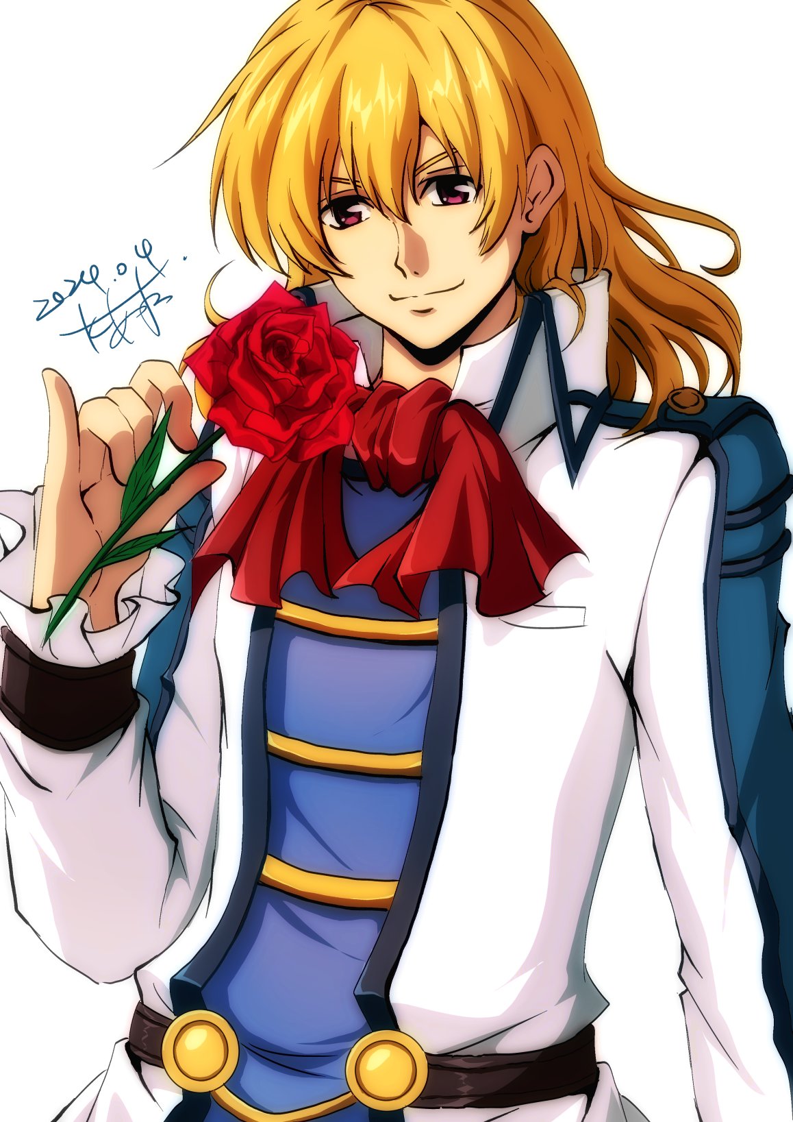 1boy akane_kazami blonde_hair coat dated double-parted_bangs eiyuu_densetsu flower hair_between_eyes highres holding holding_flower mullet olivert_reise_arnor portrait red_eyes red_flower red_rose rose signature simple_background smile solo sora_no_kiseki upper_body white_background