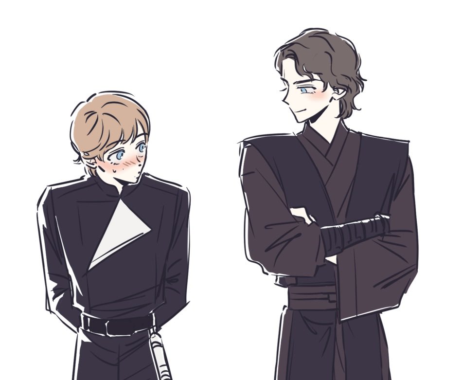 2boys anakin_skywalker belt black_belt blonde_hair blush energy_sword father_and_son jedi lightsaber looking_at_another luke_skywalker multiple_boys simple_background skdlfjgrp star_wars star_wars:_return_of_the_jedi star_wars:_revenge_of_the_sith sword time_paradox weapon white_background