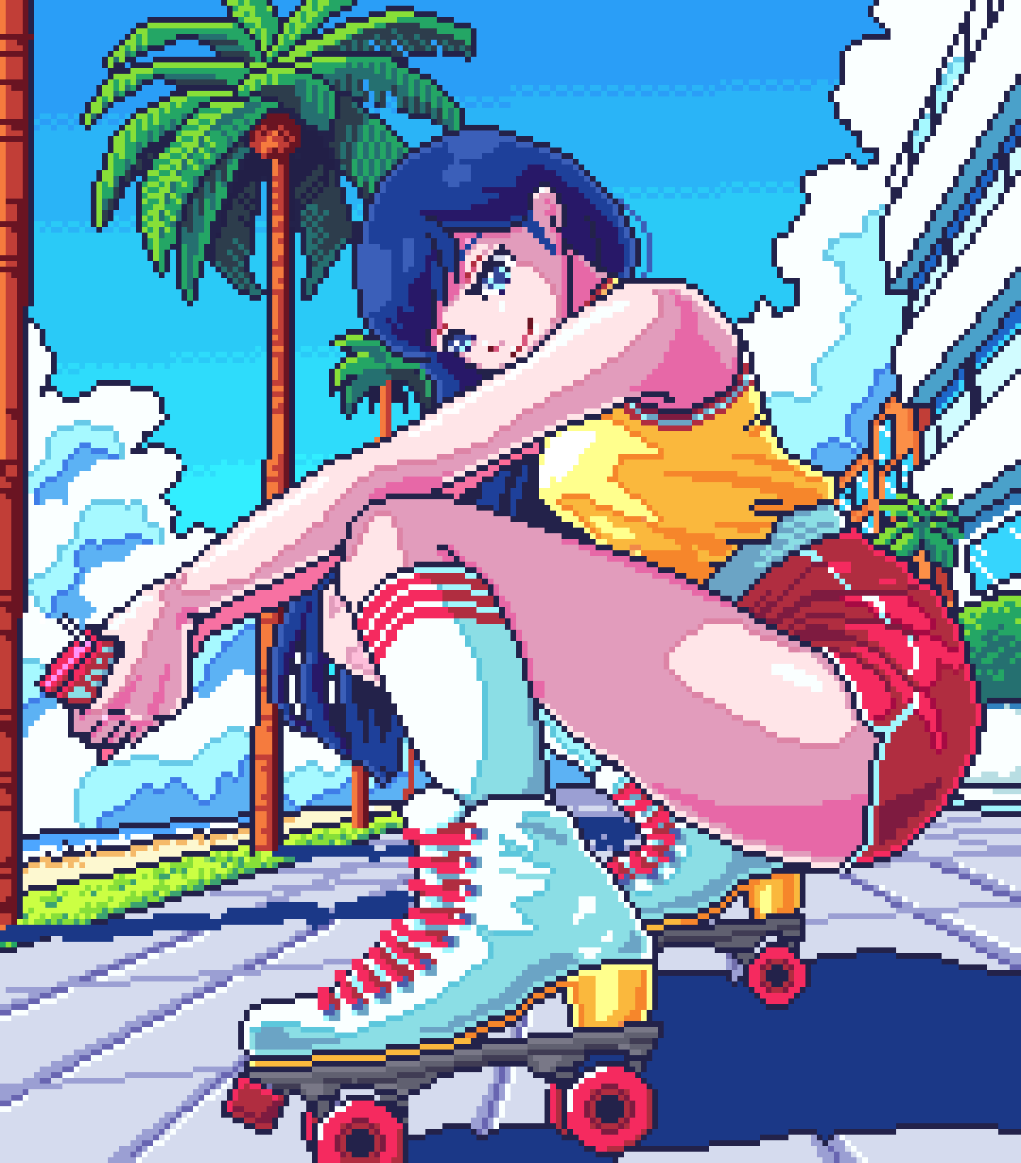 1girl blue_eyes blue_hair blue_sky closed_mouth cloud coconut_tree commentary day highres holding long_hair looking_at_viewer looking_to_the_side making-of_available original outdoors palm_tree pixel_art red_shorts roller_skates shadow shirt shirt_tucked_in shorts skates sky sleeveless sleeveless_shirt socks solo squatting thighs tree umbrella_mica white_socks yellow_shirt