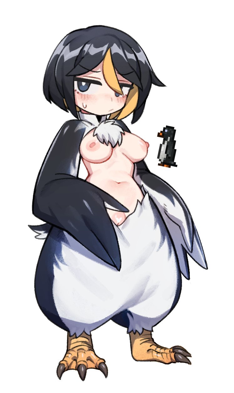 1girl bird_legs bird_tail black_eyes black_feathers black_hair black_wings blonde_hair blush breasts bright_pupils chest_tuft commentary feathers hair_between_eyes harpy heart-shaped_pubic_hair highres looking_at_viewer medium_breasts monster_girl multicolored_hair navel nipples nude nyong_nyong original penguin_girl pubic_hair pussy shaped_pubic_hair short_hair solo sweatdrop tail talons two-tone_hair two-tone_wings uncensored webbed_hands white_background white_feathers white_pupils white_wings winged_arms wings