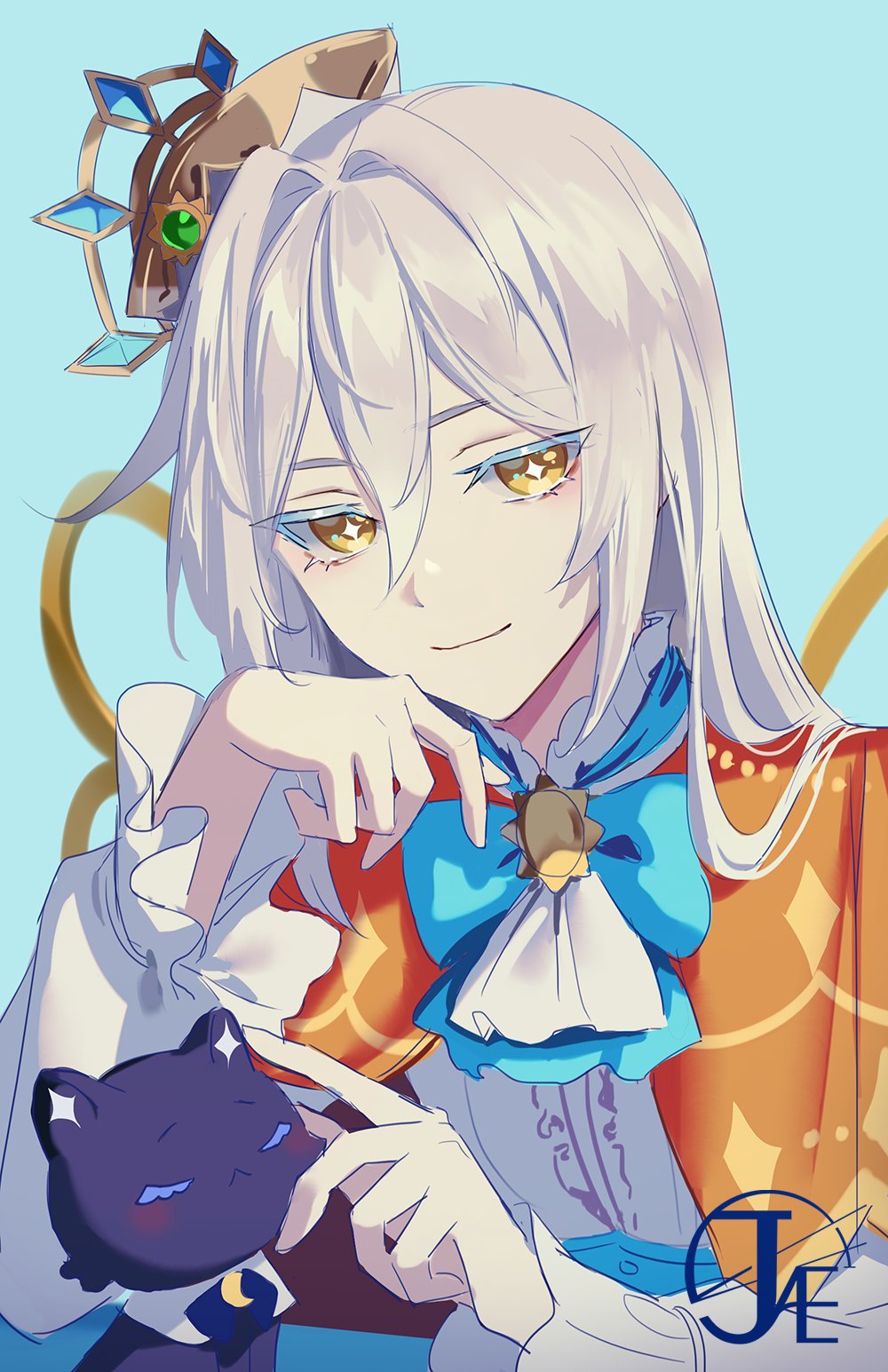 +_+ 0jae 1girl archived_source bad_id bad_twitter_id blue_background blue_bow bow capelet cat closed_mouth colored_eyelashes commentary commission grey_hair hair_between_eyes hair_intakes hand_up hat highres kiratto_pri_chan long_hair long_sleeves looking_at_viewer luluna_(pri_chan) mini_hat orange_capelet petting pretty_series shirt signature simple_background smile solo solulu symbol-only_commentary upper_body watermark white_shirt wings yellow_eyes