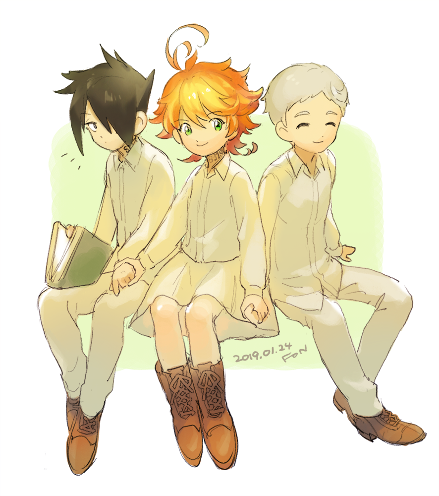 1girl 2boys ahoge black_hair book brown_footwear closed_eyes emma_(yakusoku_no_neverland) fon-due_(fonfon) grey_hair hair_over_one_eye holding holding_book holding_hands invisible_chair long_sleeves multiple_boys norman_(yakusoku_no_neverland) orange_hair pants ray_(yakusoku_no_neverland) shirt sitting skirt smile white_pants white_shirt white_skirt yakusoku_no_neverland