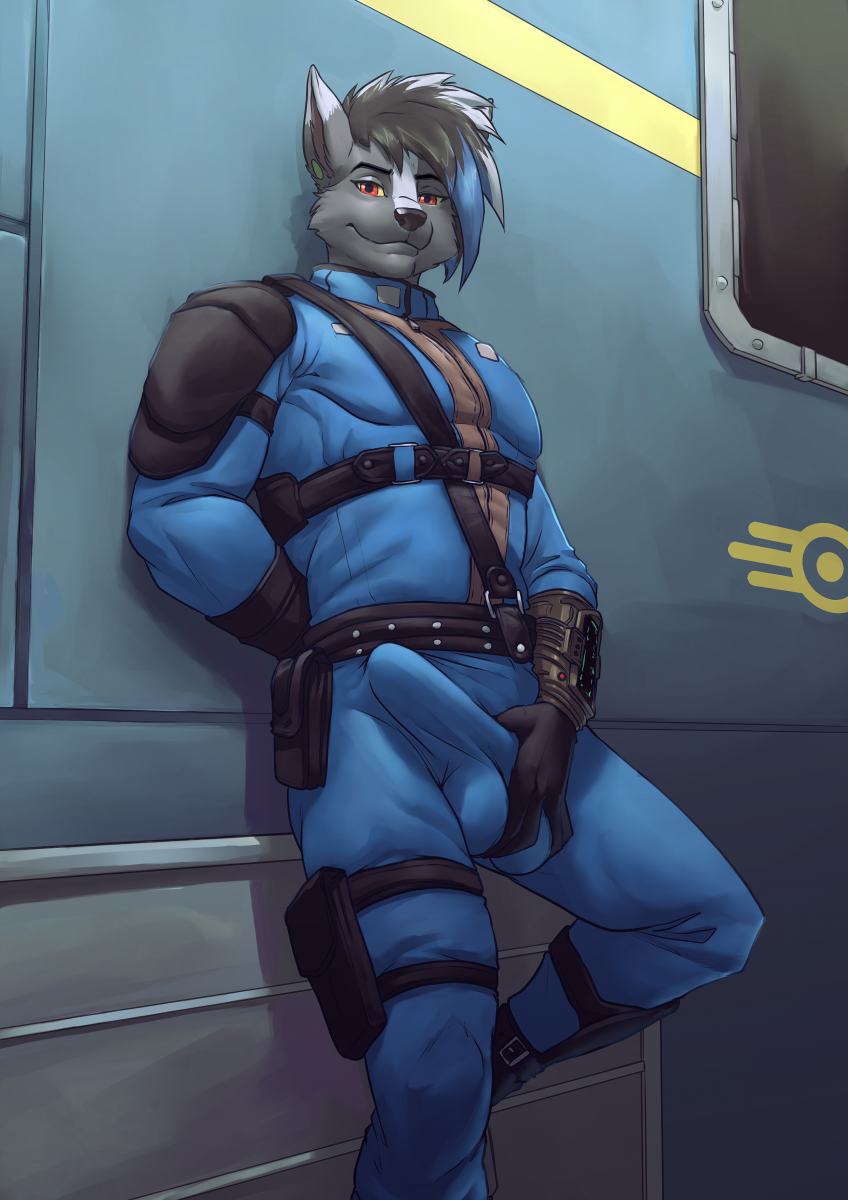 against_surface against_wall anthro athletic athletic_anthro belt big_bulge black_hair black_nose bulge bulge_grab canid canine canis cheek_tuft clothed clothing detailed_bulge erection facial_tuft fully_clothed fur grey_body grey_fur hair hi_res highlights_(coloring) looking_at_viewer lorenzobrezo male mammal red_eyes seductive smile solo tuft wolf yellow_sclera