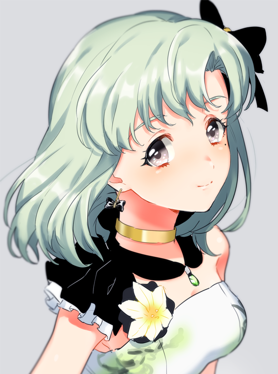 1girl black_collar black_ribbon blush bow breasts cleavage closed_mouth collar corsage detached_collar dot_nose dress earrings gold_choker green_hair grey_background grey_eyes hair_bow hair_ribbon idolmaster idolmaster_(classic) idolmaster_starlit_season idolmaster_stella_stage jewelry looking_at_viewer medium_breasts mole mole_under_eye portrait ribbon shiika_(idolmaster) shiman short_hair simple_background single_bare_shoulder smile solo strapless strapless_dress white_dress