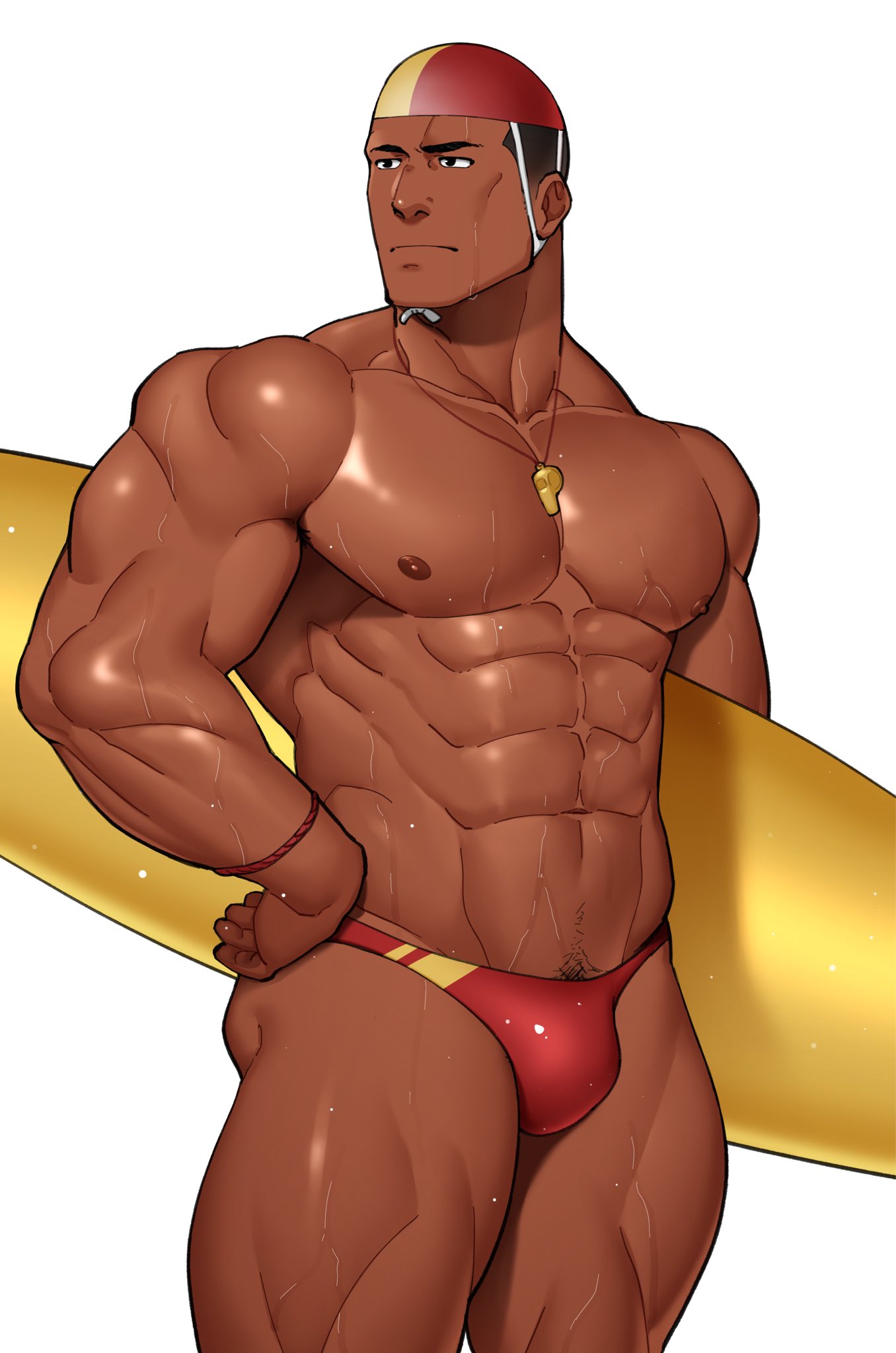 1boy abs bara bulge cheekbones cowboy_shot dark-skinned_male dark_skin highres holding holding_surfboard kansuke_(kansuke_717) large_pectorals lifeguard light_frown looking_to_the_side male_focus male_swimwear muscular muscular_male navel nipples original pectorals red_male_swimwear short_hair solo standing stomach surfboard swim_briefs tan thick_eyebrows thick_thighs thighs topless_male whistle whistle_around_neck