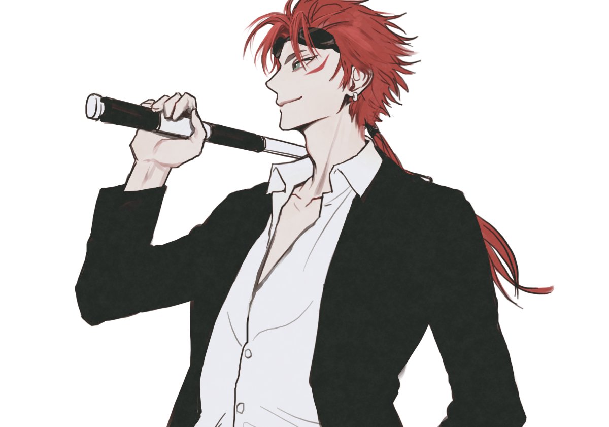 1boy baton_(weapon) black_jacket closed_mouth collared_shirt facial_mark facing_to_the_side final_fantasy final_fantasy_vii goggles goggles_on_head holding_baton_(weapon) hxxnuat jacket low_ponytail male_focus over_shoulder red_hair reno_(ff7) shirt short_hair_with_long_locks smile solo spiked_hair suit_jacket upper_body weapon weapon_over_shoulder white_background white_shirt