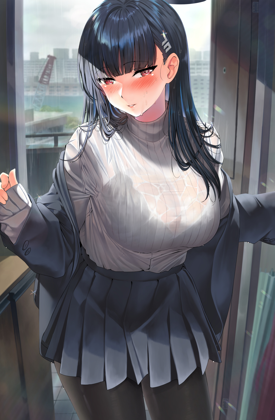 1girl black_bra black_hair black_pantyhose black_skirt blue_archive blush bra breasts cowboy_shot hair_ornament hairpin halo highres kawai_(purplrpouni) large_breasts long_hair long_sleeves looking_at_viewer open_mouth pantyhose pleated_skirt red_eyes ribbed_sweater rio_(blue_archive) skirt solo sweater underwear wet_sweater white_sweater