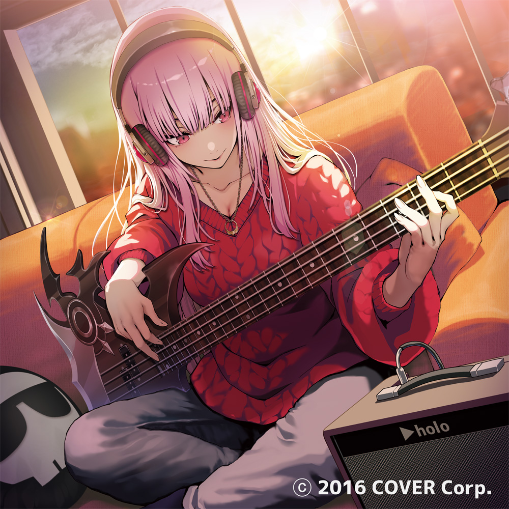 1girl alternate_costume aran_sweater breasts cable_knit character_pillow cleavage closed_mouth commentary couch crossed_legs death-sensei_(mori_calliope) english_commentary feet_out_of_frame grey_pants guitar headphones holding holding_instrument hololive hololive_english indian_style indoors instrument jewelry kubota_masaki long_hair looking_down medium_breasts mixed-language_commentary mori_calliope music necklace official_art pants pink_eyes pink_hair playing_instrument red_sweater sitting smile solo straight_hair sunlight sweater virtual_youtuber watermark window