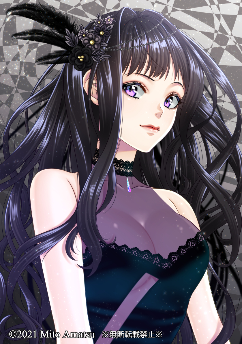1girl beads black_hair breasts cleavage commentary dress feather_hair_ornament feathers flower hair_beads hair_flower hair_ornament large_breasts mito_amatsu original purple_eyes red_lips see-through see-through_cleavage see-through_dress sleeveless sleeveless_dress smile solo upper_body