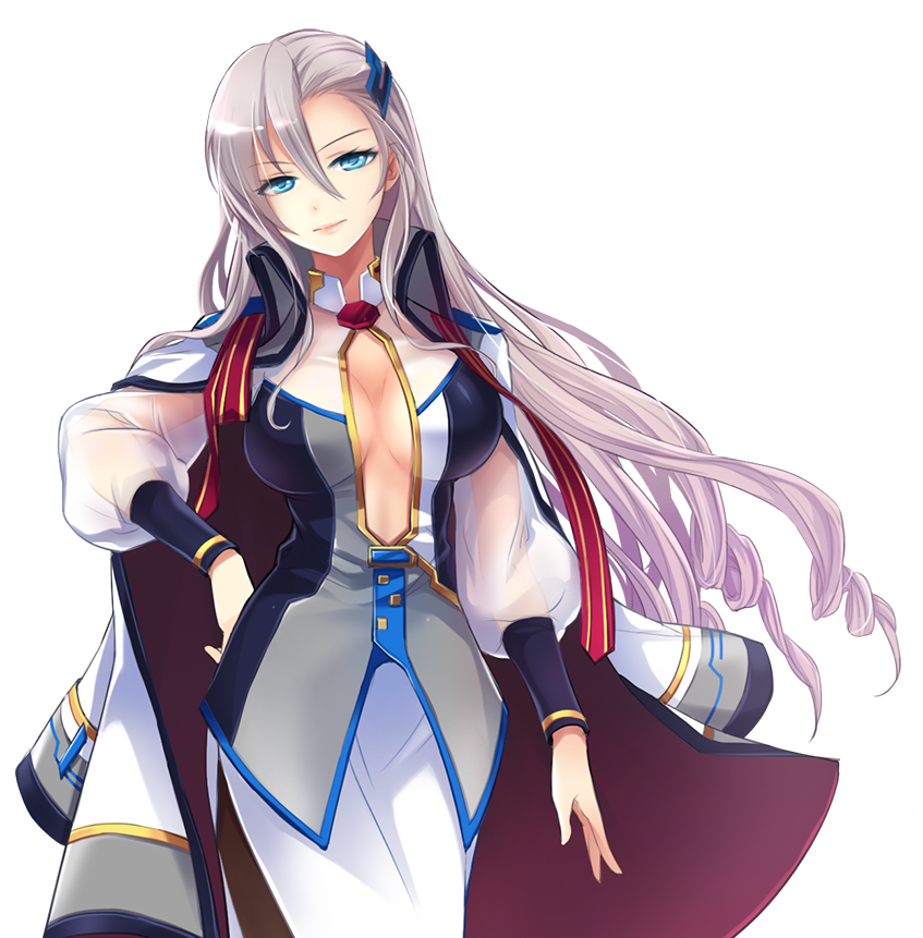 1girl asymmetrical_bangs blue_eyes breasts center_opening cleavage closed_mouth coat coat_on_shoulders cowboy_shot freyja_(master_of_eternity) game_cg grey_hair hair_between_eyes hair_ornament hand_on_own_hip large_breasts lips long_hair long_sleeves looking_at_viewer master_of_eternity military_uniform non-web_source official_art open_clothes open_coat red_ribbon ribbon see-through see-through_sleeves simple_background solo transparent_background uniform very_long_hair white_uniform