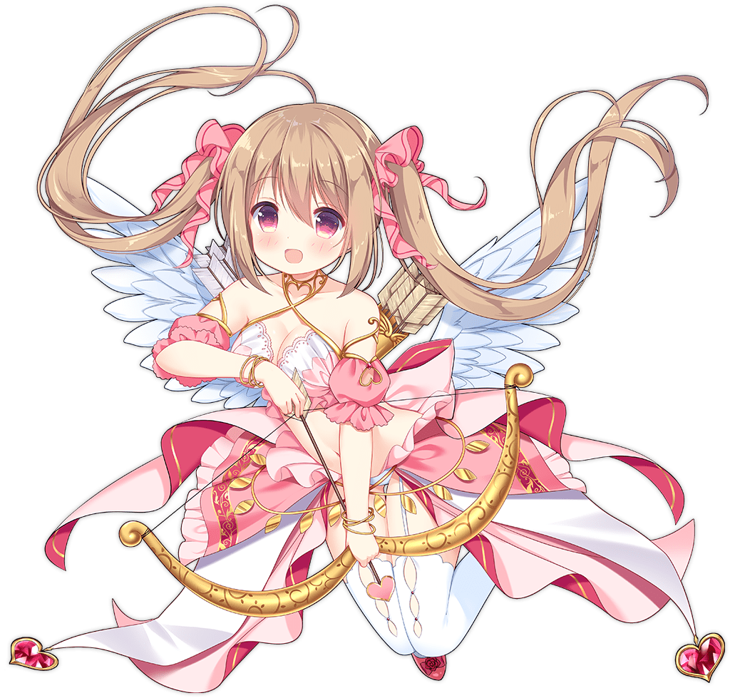 1girl :d ark_order arrow_(projectile) blush bow bow_(weapon) breasts brown_hair crop_top detached_sleeves drawing_bow eros_(ark_order) feathered_wings feathers floating frilled_sleeves frills full_body garter_straps gold_trim hair_bow holding holding_arrow holding_bow_(weapon) holding_weapon ikataruto large_breasts long_hair looking_at_viewer official_art panties pink_bow pink_eyes pink_shirt pink_skirt puffy_short_sleeves puffy_sleeves quiver shirt short_sleeves sidelocks skirt smile solo tachi-e thighhighs transparent_background twintails underwear very_long_hair weapon white_feathers white_panties white_thighhighs white_wings wings