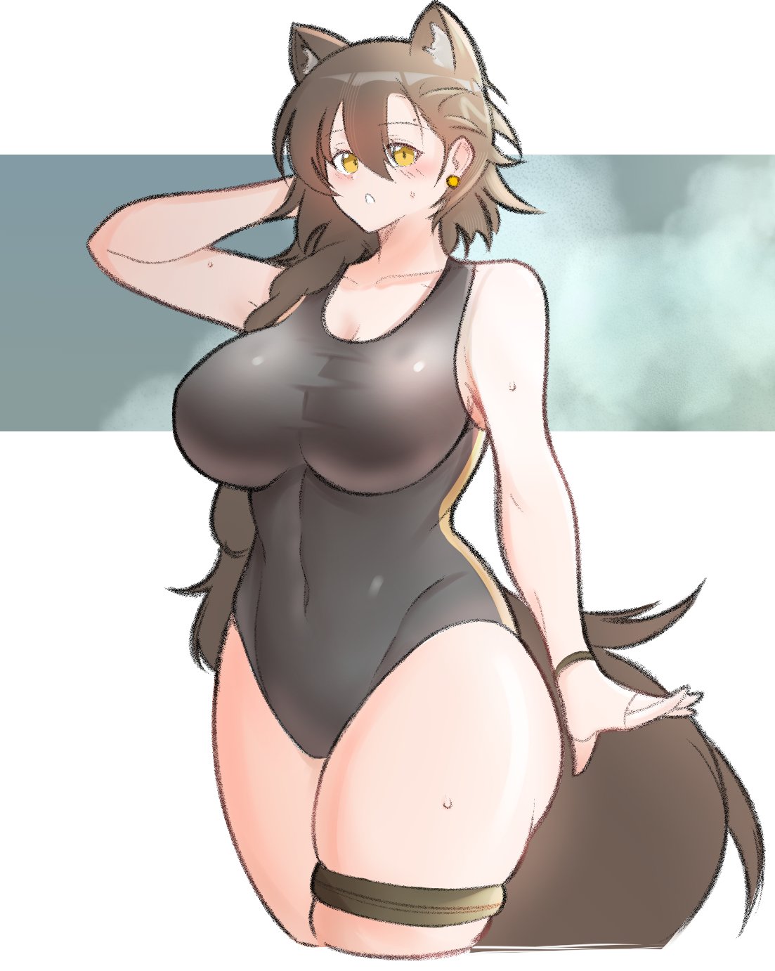 1girl alternate_costume animal_ear_fluff animal_ears arknights arm_up asymmetrical_bangs bare_arms black_one-piece_swimsuit blush braid breasts brown_hair collarbone competition_swimsuit covered_navel cowboy_shot cropped_legs earrings english_commentary extra_ears groin hair_behind_ear hair_over_shoulder highres jewelry large_breasts long_hair looking_at_viewer mole_above_eye one-piece_swimsuit open_mouth penance_(arknights) single_braid skindentation solo standing sweat swimsuit tail thick_thighs thigh_strap thighs wolf_ears wolf_girl wolf_tail yellow_eyes yosua_0669